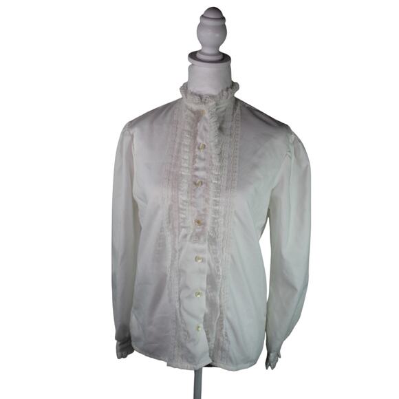 Vintage Lady Holiday 70s 60s Victorian Style Eduardian Button Up Blouse Lace S - Picture 1 of 9